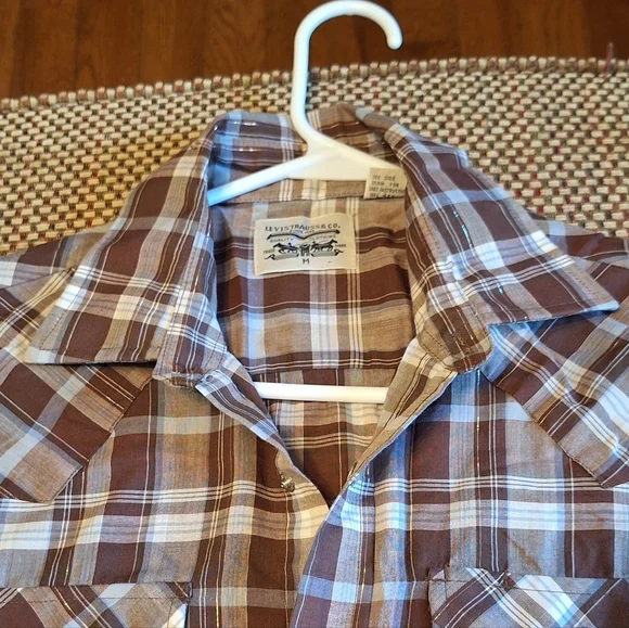 LeviStrauss & Company Brown Plaid Long Sleeve Shirt With Shimmery Gold Threading - Picture 14 of 14